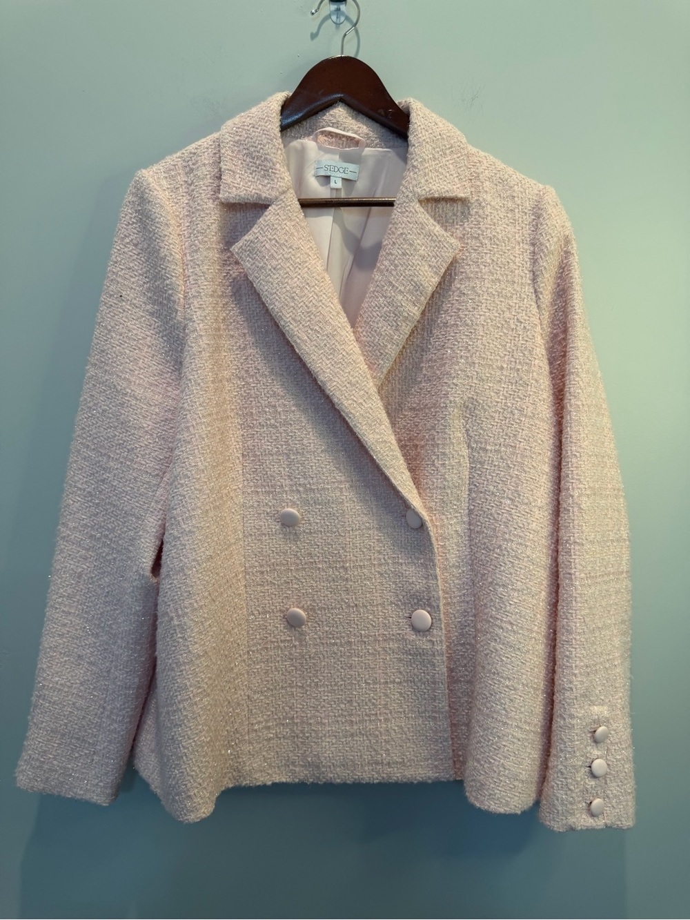 S’Edge Tweed Blush Pink Double-Breasted Blazer - Picture 2 of 6